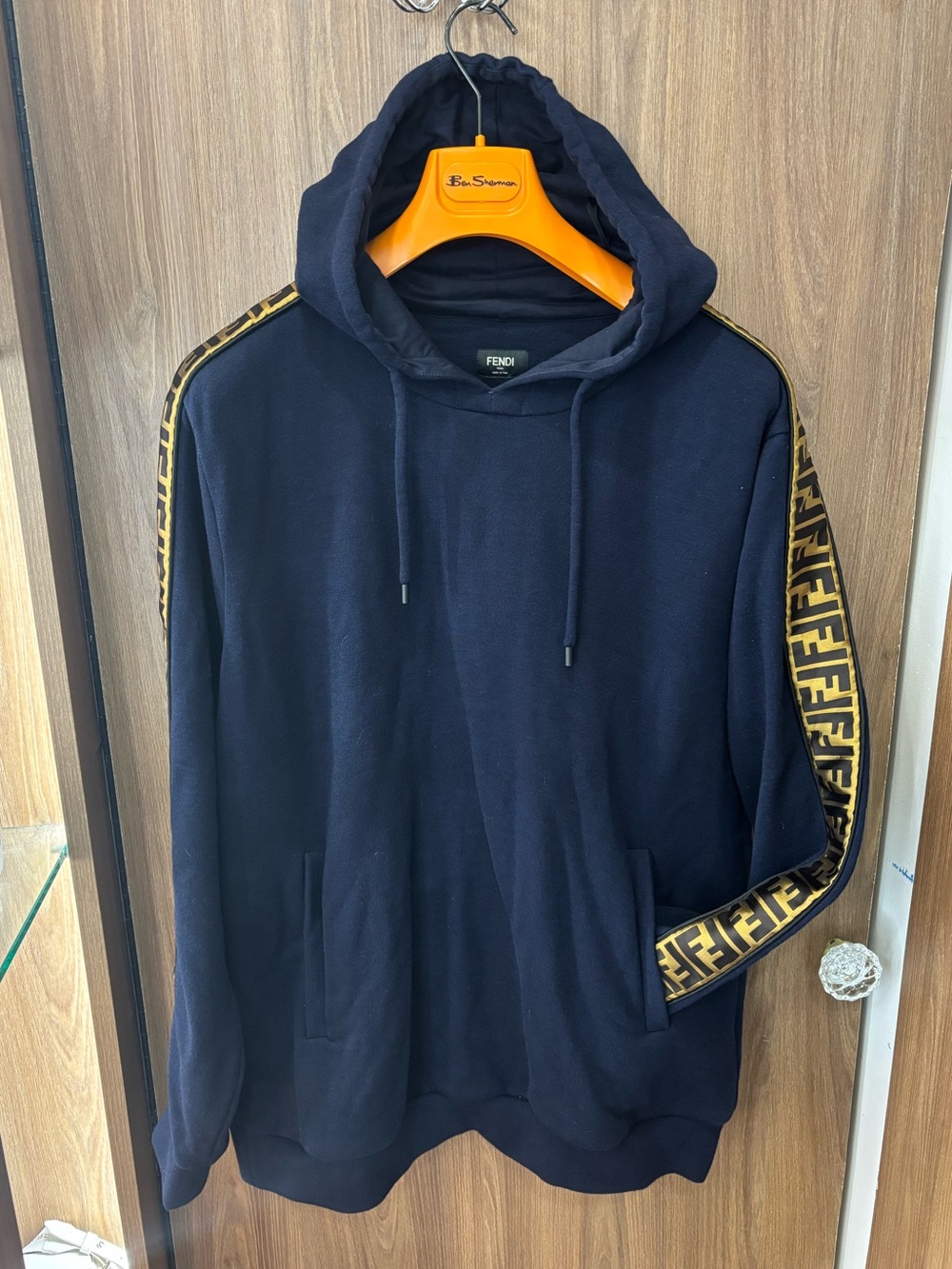 Fendi Roma FF Logo Tape Hoodie Navy Blue Men’s IT 54 / US XL Made in Italy